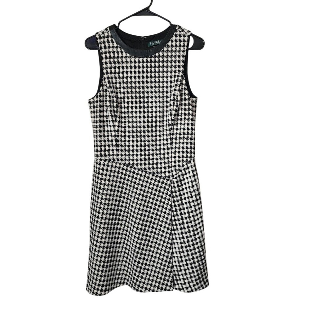 LAUREN RALPH LAUREN Houndstooth Faux Leather Trim Dress Parisian Chic Classic 10